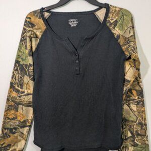 Cabela's Woman’s Henley Top Black with Tree Print Sleeves, Size M